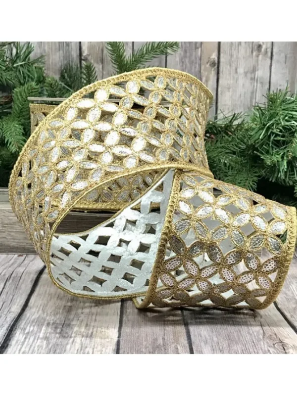 Sequin Metallic Floral Garland 4 in. x 10 yd. Gold W/ Silver Back
