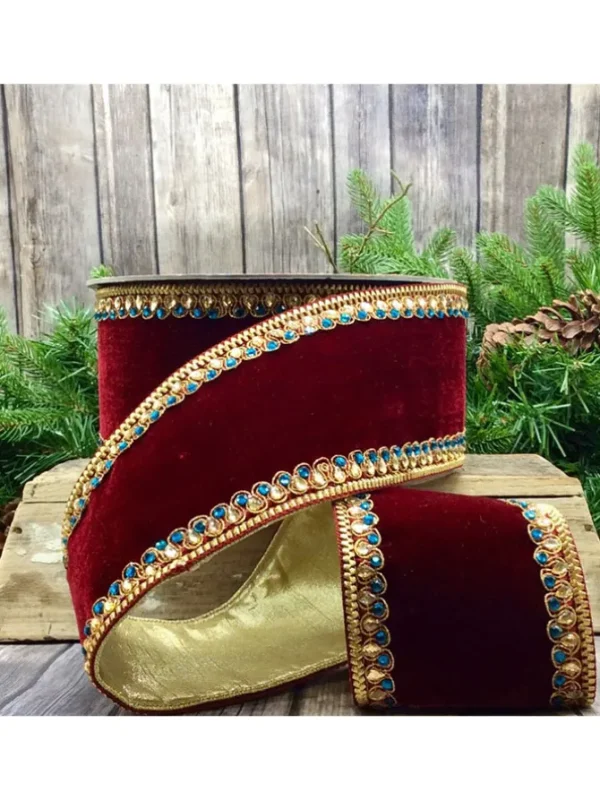 Velvet Gold and Teal Jewel Trim 4 in. x 10 yd. Burgundy