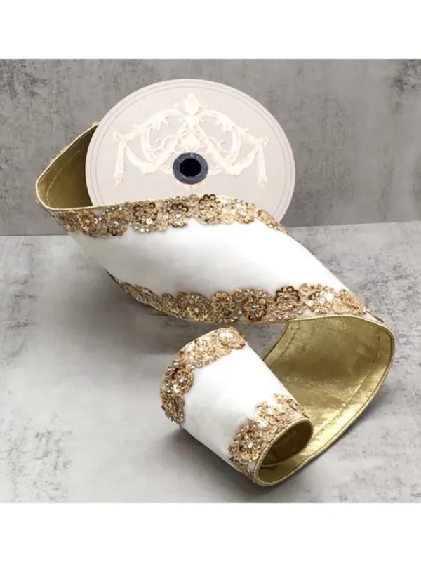 Velvet Gold Jewel Floral Side Trim 4 in. x 5 yd. White